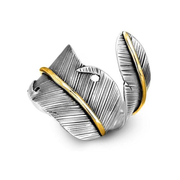Wholesale Retro Cool Two-Tone Feather Open Ring Silver Adjustable Fashion Jewelry Accessory
