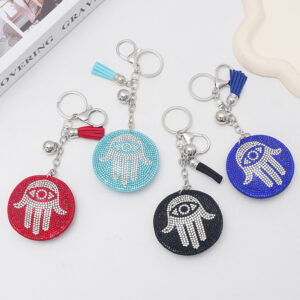 oly-77a2ef4c52912a84629ef7e3585c5afe Wholesale Blue Rhinestone Palm Keychain European Style Tassel Decorative Key Ring for Wedding Favors Boutique Resale
