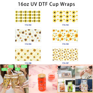 oly-7813e3a0b519c4215e9c57620f11729f Wholesale 5pcs Summer Pastoral Hand Drawn Sunflower Butterfly Bee Heart Leaf Mixed Decor Prints 16oz Cup UV DTF Wraps