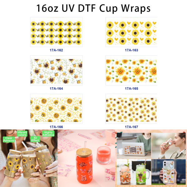 oly-7813e3a0b519c4215e9c57620f11729f Wholesale 5pcs Summer Pastoral Hand Drawn Sunflower Butterfly Bee Heart Leaf Mixed Decor Prints 16oz Cup UV DTF Wraps