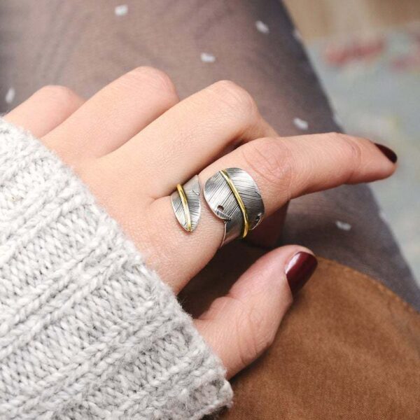 Wholesale Retro Cool Two-Tone Feather Open Ring Silver Adjustable Fashion Jewelry Accessory