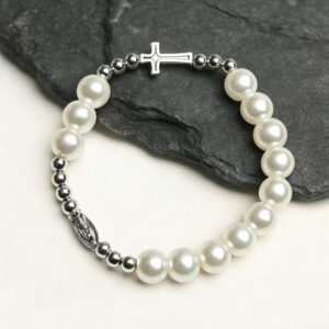 oly-78350876f0a08b4815e554088d399a60 Wholesale Glass Pearl Stretch Bracelet Vintage Cross Design 10mm Zinc Alloy Jewelry Accessory for Women