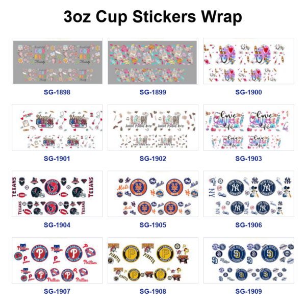 oly-784efcc3092cdec28855c4f4da627c66 Wholesale 8pcs Nurse Element, Letter Quote Sports Team Logo Pattern 3oz Cup Stickers Wrap OLY Exclusive