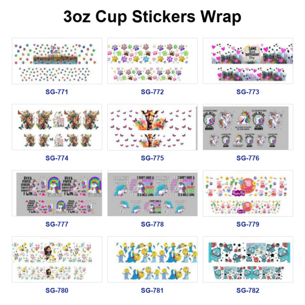 oly-796f8f571a81574a7582958fc287c6a2 Wholesale 8pcs Multi Style Boho Western Floral Animal Children Cartoon Themed Print 3oz Cup Stickers Wrap OLY Exclusive
