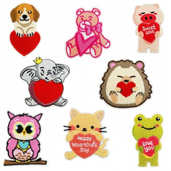 Wholesale Cute Animal Embroidery Patches with Heart Motifs 8 Pack Decorative Iron On Badges for Clothing and Craft Supply