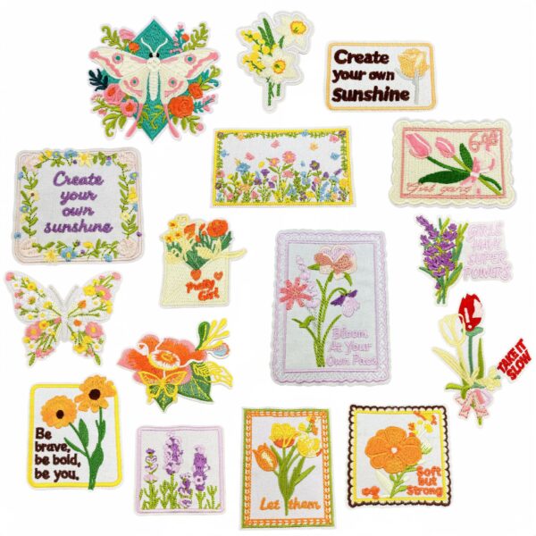 oly-7b6cd053ff5cf9d494c5c77065f63200 Wholesale Polyester Thread Embroidered Patches 16pcs Garden Floral Design with English Slogan for Clothing Decoration Gift