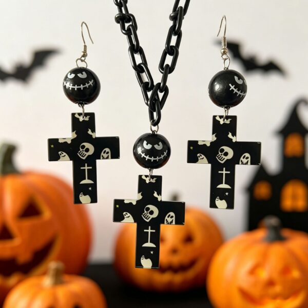 oly-7b8db14f24debe2c94fa8fd68163bc34 Wholesale Halloween Acrylic Cross Necklace Earrings Set, Sweet Cool Ins Style Fashion Accessory