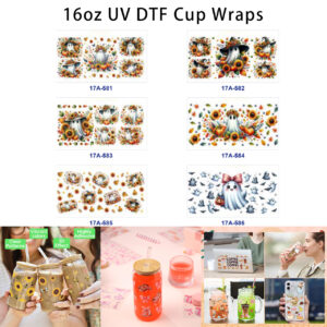 Wholesale 5pcs Fall Halloween Witch Hat Bow Ghost Sunflower Pumpkin Fall Leaf Bat Mixed Decor Prints 16oz Cup UV DTF Wraps