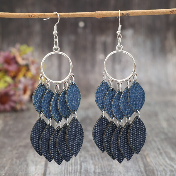 oly-7ca9a5d5b53958a068defd86ae003fb3 Wholesale Retro Denim Style Leather Leaf Fringe Earrings - Fashion Accessory for Boutique Resale