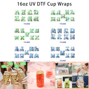 Wholesale 5pcs Fairy Forest Floral 26 Capital Alphabet Green Vine Blue Hydrangea Custom Initial Decor Prints 16oz Cup UV DTF Wraps