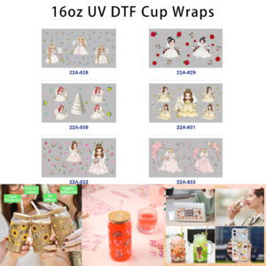 Wholesale 5pcs Elegant Cartoon Bride Wedding Dress Cake Rose Bow Heart Star Mirror Mixed Decor Prints 16oz Cup UV DTF Wraps