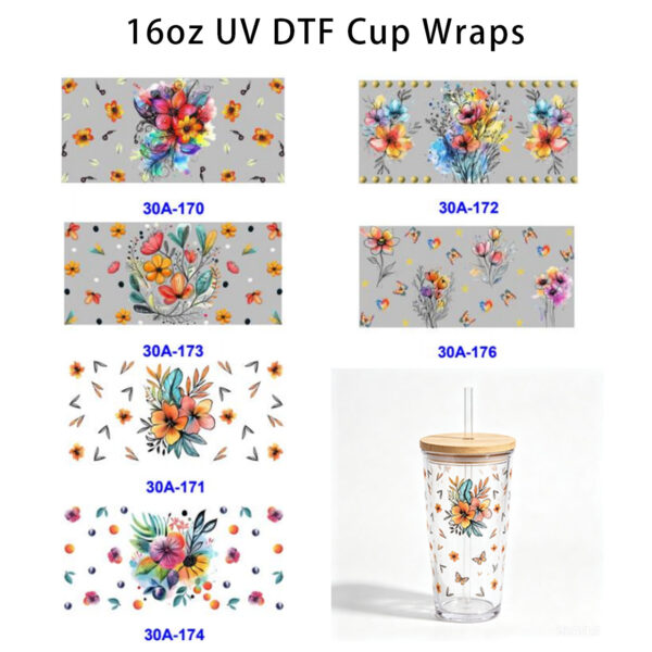 oly-7ea9f675f2ff3e16fbe4c929ee2277bf Wholesale 5pcs Vibrant Watercolor Floral 16oz Cup UV DTF Wraps