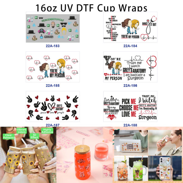 oly-7ef0260baa45c2dab244aeb3a2258a20 Wholesale 5pcs Retro Lab Male Portrait Medical Nurse Cartoon Heart EKG Line Mixed Graphic Print 16oz Cup UV DTF Wraps OLY Exclusive