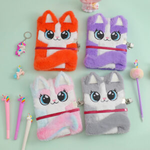 Wholesale Stylish Plush Cartoon Fox Notebook with Lock for Kids, Diary Gift, 80 Pages Pink