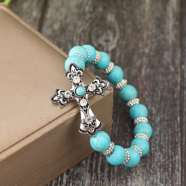 oly-802d61aab263330eb7706b81fde3a9ef Wholesale Vintage Carved Cross Western Cowboy Blue Bead Bracelet Alloy Fashion Accessory