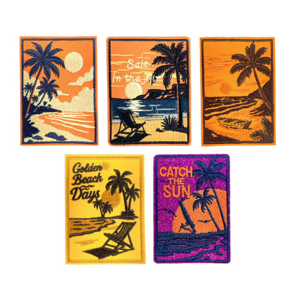oly-80406dae376f763bc8dae4f4c47e22d9 Wholesale Vintage Sunset Beach Embroidery Patches 5 Designs Polyester DIY Iron-On for Shoes Hats Bags Car Key Accessory