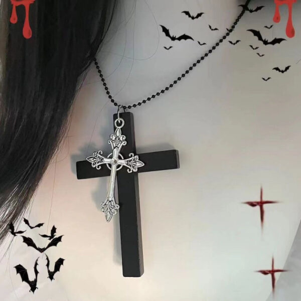 oly-804b896e2fa24d12b6ecf065c2741358 Wholesale Alloy Double Pendant Wooden Cross Necklace Long Chain Gothic Style Fashion Accessory for Resale