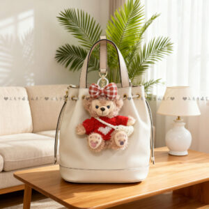Red plaid bow + white shoulder bag [shirley rose] / Approximately 10cm, comes with a rope stopper