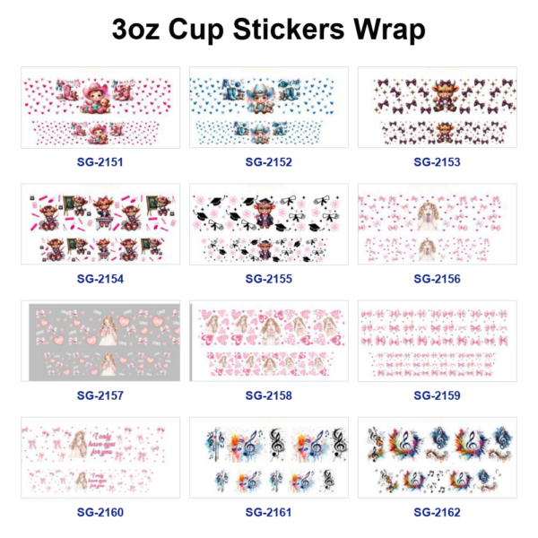 Wholesale 8pcs Mixed Cartoon Cowgirl Cute Girl Music Note Print 3oz Cup Stickers Wrap
