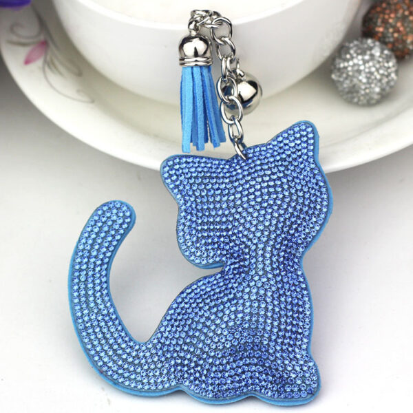 Wholesale Light Blue Plush Cat Keychain Bag Charm Rhinestone Tassel Wedding Gift Boutique Resale