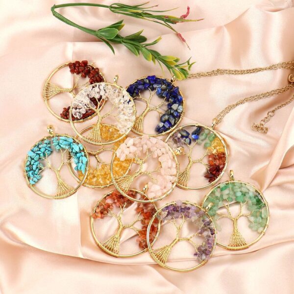 Wholesale Handmade Tree of Life Necklace Gold Tone Natural Crystal Chips Boutique Jewelry Gift