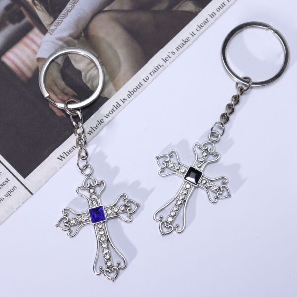 Wholesale European Style Cross Pendant Keychain Titanium Steel Rhinestone Dark Blue Fashion Accessory