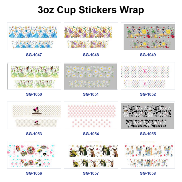 oly-83656a6f992ec34e05c7c20fb28b26b7 Wholesale 8pcs Mixed Fairytale Maiden Figure Daisy Floral Luxury Monogram Cartoon Pet Print 3oz Cup Stickers Wrap OLY Exclusive