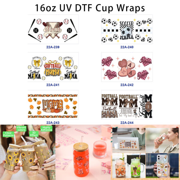 oly-848579f2166004b3cb2d964754470a61 Wholesale 5pcs Sports Mama Themed Prints Baseball Soccer Softball Football Bow Leopard Heart Pumpkin Mixed Design 16oz UV DTF Tumbler Wraps