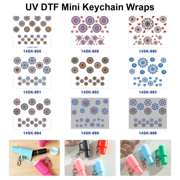 Wholesale 2/4/8pcs Vintage Round Geometric Boho Floral Print Mini Cup Keychain Sticker