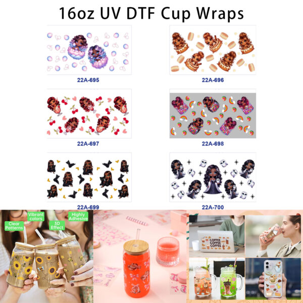 Wholesale 5pcs Dreamy Gothic Sweet Dual Style Cartoon Girl Cloud Macaron Cherry Candy Black Cat Owl Star Heart Mixed Decor Prints 16oz Cup UV DTF Wraps