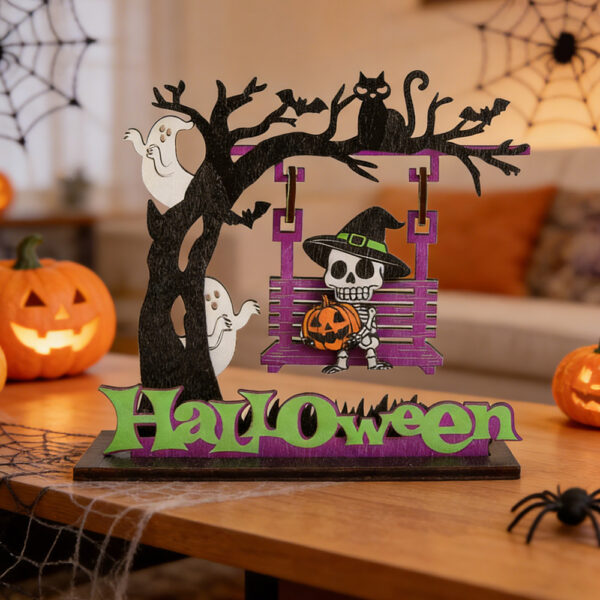 Wholesale Wooden Ghost Skull Swing Decoration Halloween Party Table Decor