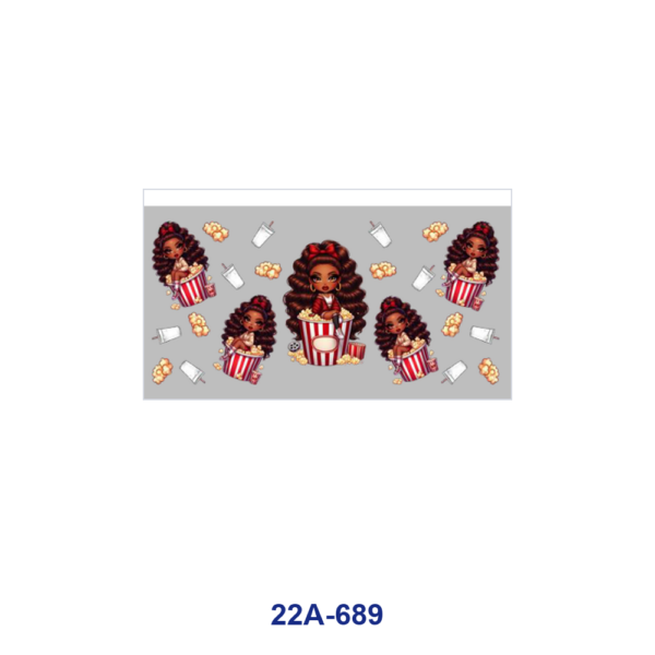 oly-85e9e2921e1c273184d2f201ceb87600 Wholesale 5pcs Luscious Sweet Cartoon Curly Hair Girl Donut Popcorn Watermelon Cupcake Strawberry Cream Dessert Heart Star Mixed Decor Prints 16oz Cup UV DTF Wraps