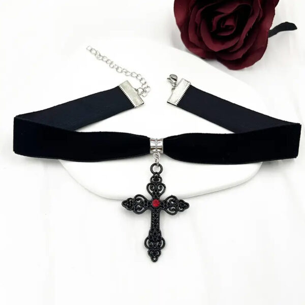 Wholesale Gothic Red Gemstone Cross Black Velvet Choker Necklace Trendy Fashion Accessory Gift