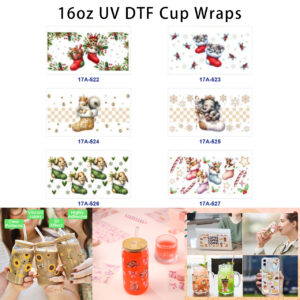 Wholesale 5pcs Christmas Theme Cute Animal Christmas Stocking Holly Snowflake Check Candy Cane Mixed Decor Prints 16oz Cup UV DTF Wraps
