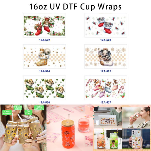 oly-87fa39a60768330cd9caa0561ab939b6 Wholesale 5pcs Christmas Theme Cute Animal Christmas Stocking Holly Snowflake Check Candy Cane Mixed Decor Prints 16oz Cup UV DTF Wraps