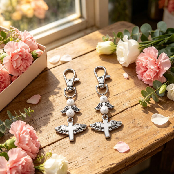 Wholesale Alloy Cross Guardian Angel Keychain Pendant White Mesh Bag Gift Decorative Accessory