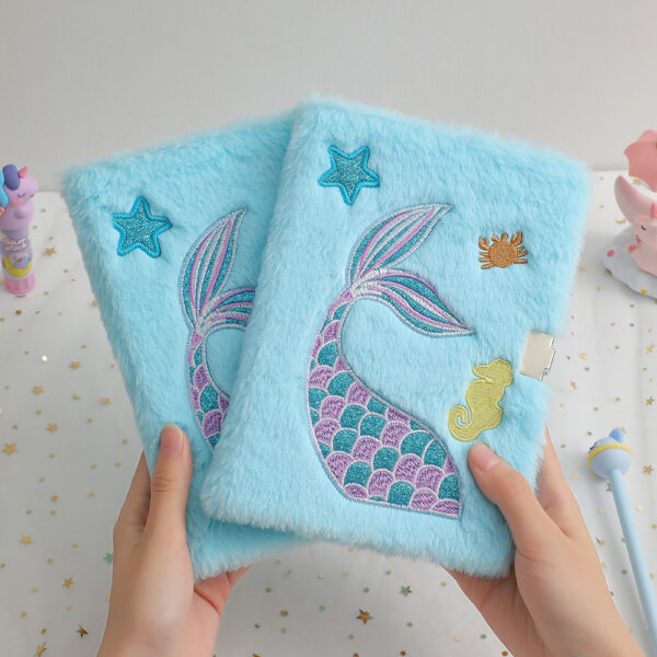 oly-883d22bc5f62bf7210b698abd22bd351 Wholesale Cartoon Mermaid Tail Embroidered Plush Notebook Cute Lock Diary for Girls Everyday Journal
