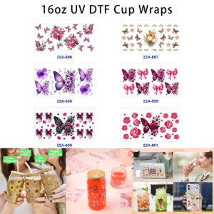 oly-89f50154e96faea1ab49dfb5453289ee Wholesale 5pcs Moody Romantic Watercolor Butterfly Bow Pink Purple Dark Rose Floral Cluster Decor Prints 16oz Cup UV DTF Wraps
