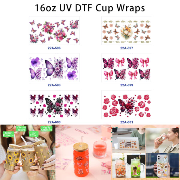 Wholesale 5pcs Moody Romantic Watercolor Butterfly Bow Pink Purple Dark Rose Floral Cluster Decor Prints 16oz Cup UV DTF Wraps