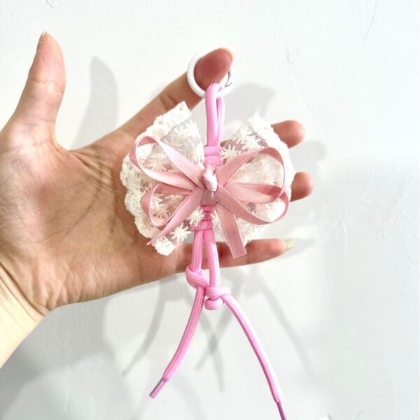 oly-8a2545ecb72d6d3f5a44fcd97a2a6b1c Wholesale Yarn Handmade Lace Bow Keychain Bag Charm Color Block Pink Boutique Resale