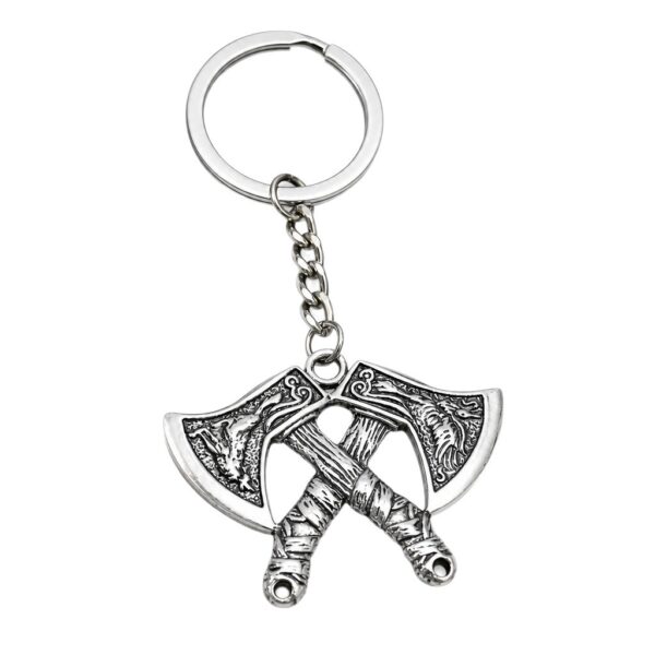 Wholesale Silver Metal Viking Rune Double Axe Keychain Trendy Wolf Head Eagle Pattern Key Pendant Gift