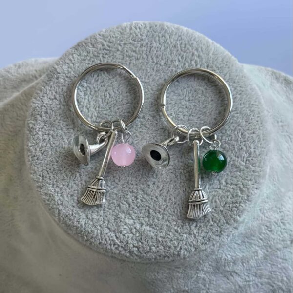 Wholesale Witch Keychain Set with Green Pink Hats, Broom, Crown Boutique Resale Fashion Accessory for Casual Gift