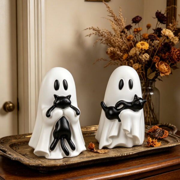 Wholesale Resin Ghost Black Cat Figurine Halloween Home Decor Decorative Accent Gift