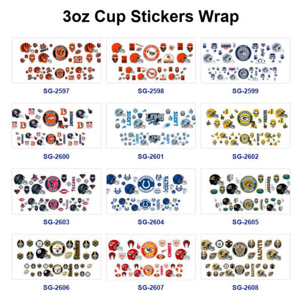 Wholesale 8pcs Multi Style American Football Team Badge Helmet Sport Pattern 3oz Cup Stickers Wrap OLY Exclusive