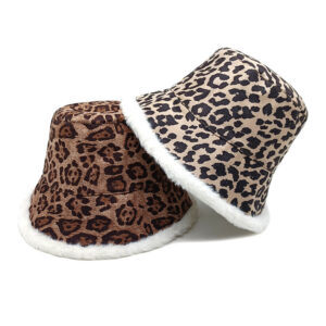 Wholesale Trendy Leopard Print Fisherman Hat Winter Warm Rabbit Fur Lining Casual Fashion Accessory