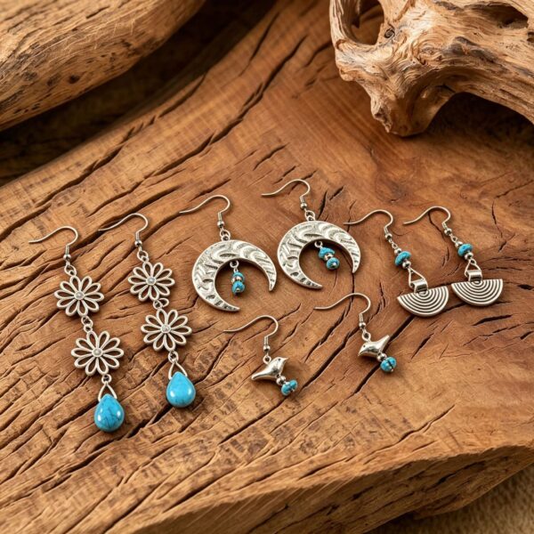 oly-8e11d7acd9607e9ea5572de979fc24a1 Wholesale Zinc Alloy Hollow Flower Turquoise Bohemian Moon Earrings Jewelry Accessory for Women