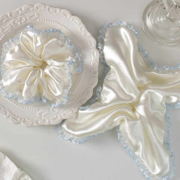 Wholesale Trendy White Satin Blue-Edge Large Intestine Hair Tie – Handmade Hair Accessory for Everyday Styling