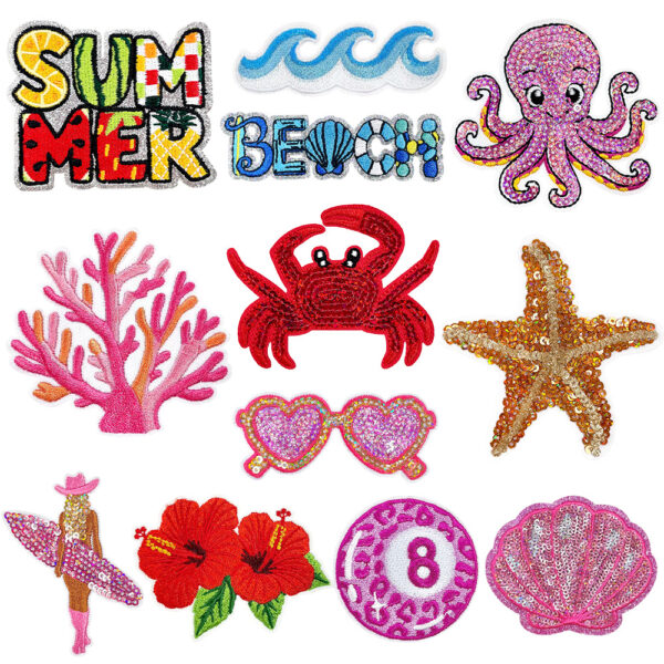 Wholesale Beach Ocean Series Polyester Sequined Octopus Patch Iron-On Embroidery DIY Car Clothing Accessory