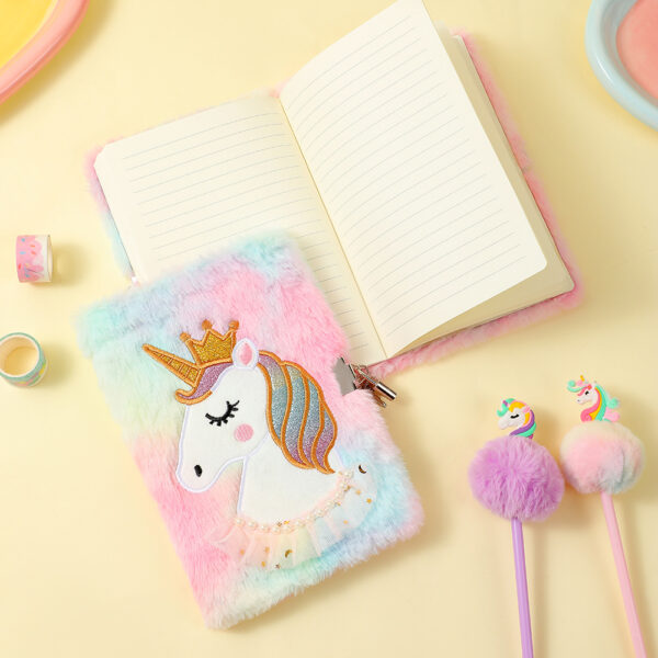 oly-8f638f7471e5fb59ff650c875fde5e6e Wholesale Cartoon Plush Unicorn Notebook with Lock Tie Dyed Purple A5 Diary for Students Resale