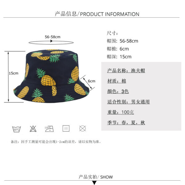 oly-8fb92a7713c0703672c133c930069fcd Wholesale Cotton Pineapple Print Double Sided Fisherman Hat Sunscreen Wide Brim Fashion Accessory for Travel